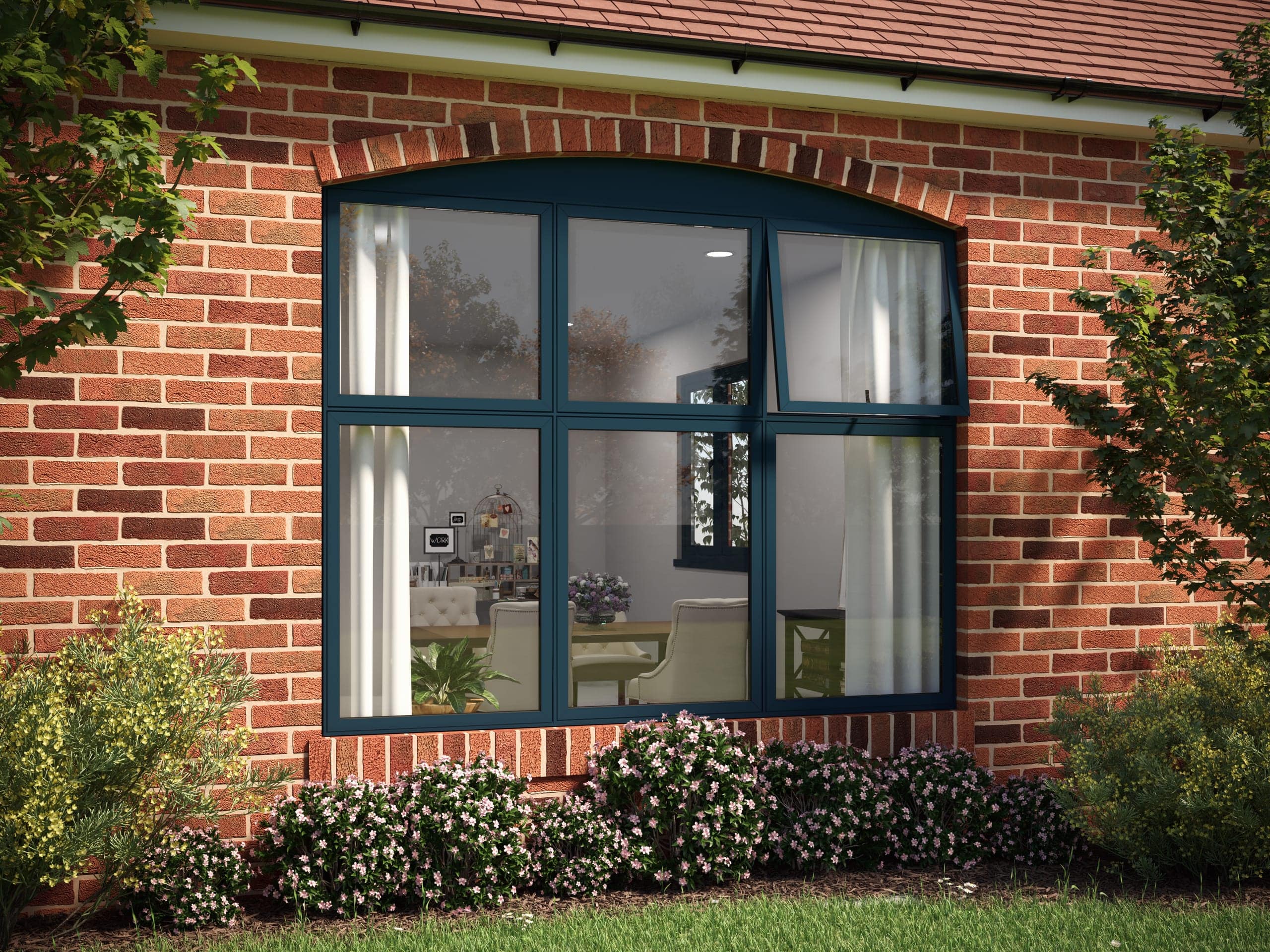 Navy bay window on a red-brick house